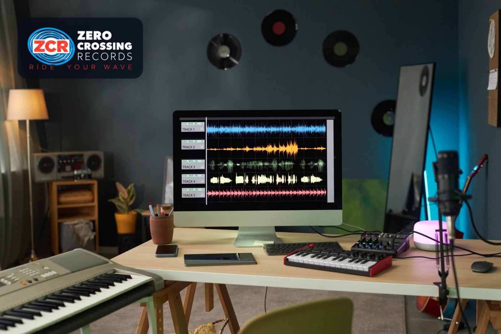 Postazione con monitor, mixer e controller: